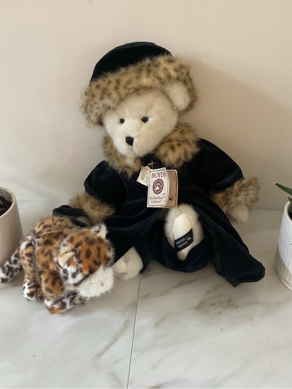 NWT Boyds Bears Marlena Beargeaux Plush Bear in Black Coat with Leopard Trim